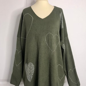 Made In Italy Lagenlook Olive /Silver Heart Jumper UK Plus Size 16 18 20 22 image 2