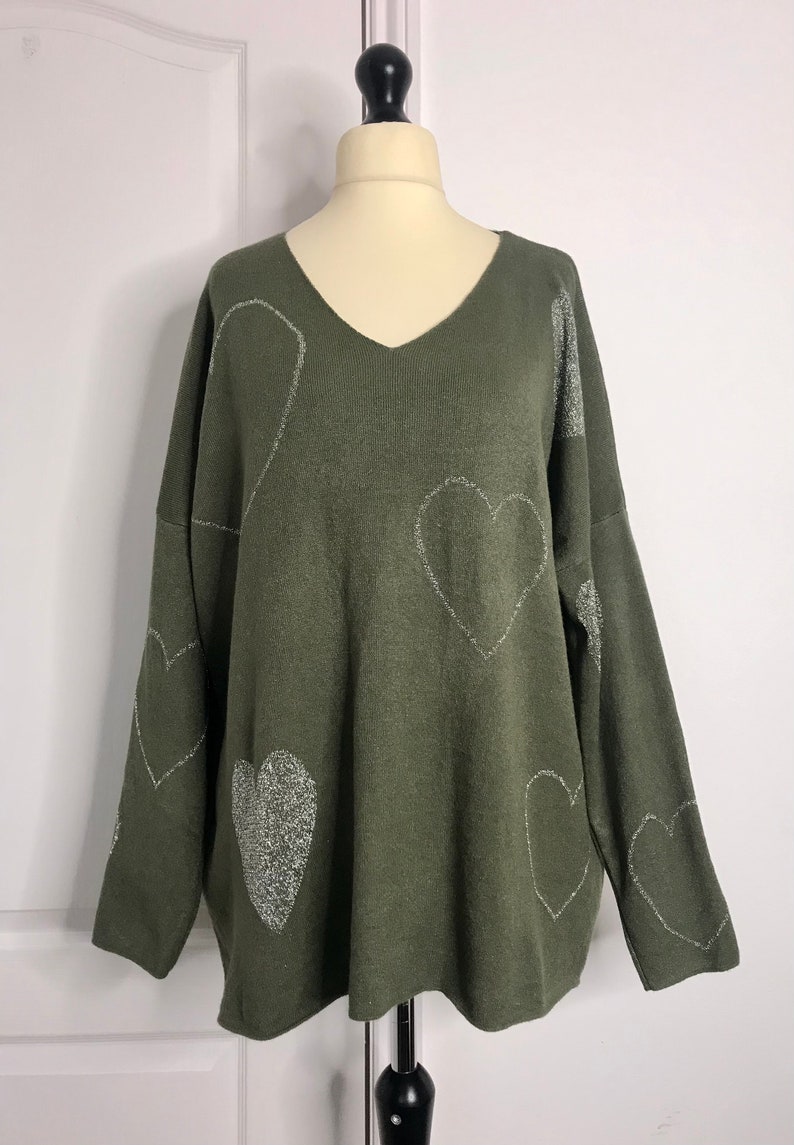 Made In Italy Lagenlook Olive /Silver Heart Jumper UK Plus Size 16 18 20 22 image 2