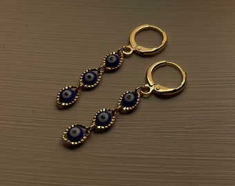 18K Gold Dangly Dark Blue Evil Eye Earrings, Summer Earrings, Protection Earrings