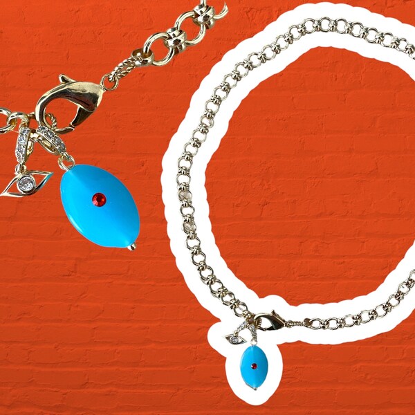 Rolo Chain with Turquoise Charm and Evil Eye Charm