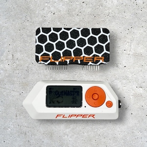 May include: A white and orange electronic device with a black and white honeycomb pattern on the back. The device has a screen that displays the text "GUEMASTER" and the word "FLIPPER" is printed on the front.