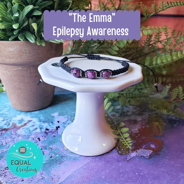 The Emma Epilepsy Awareness Bracelet Black Cording Purple Glass Beading Handmade Handstamped Handwoven