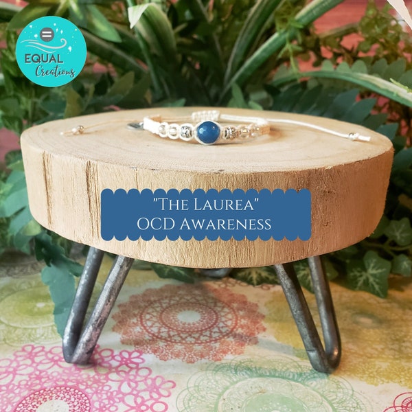 The Laurea OCD Awareness Bracelet Cream Cording Teal Glass Bead Silver Spacers Clear Glass Seed Beads Handmade Handstamped Handwoven