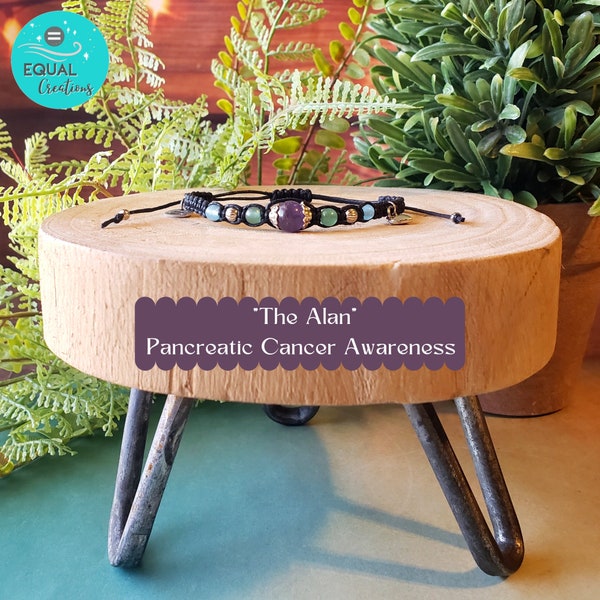 The Alan Pancreatic Cancer Awareness Bracelet Amethyst Green Adventurine Beading Black Cording Handmade Handstamped Handwoven