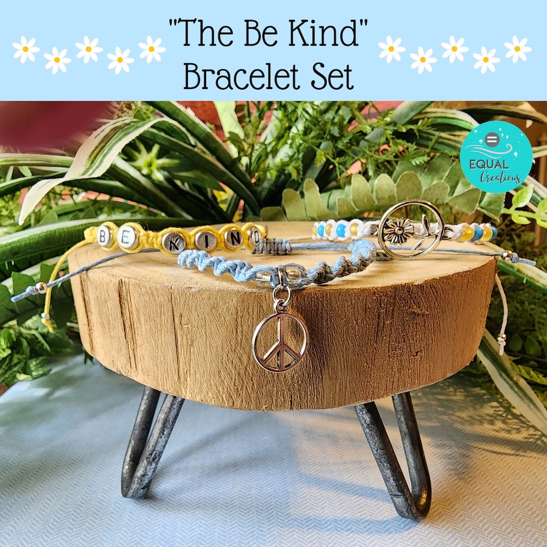 The Be Kind Bracelet Set of 3 Cotton Cord White Blue Yellow Be Kind