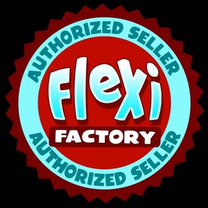 May include: A round red and blue badge with the words "AUTHORIZED SELLER" in a circular pattern. The center features the word "Flexi" in light blue and white, with "FACTORY" below it in white.
