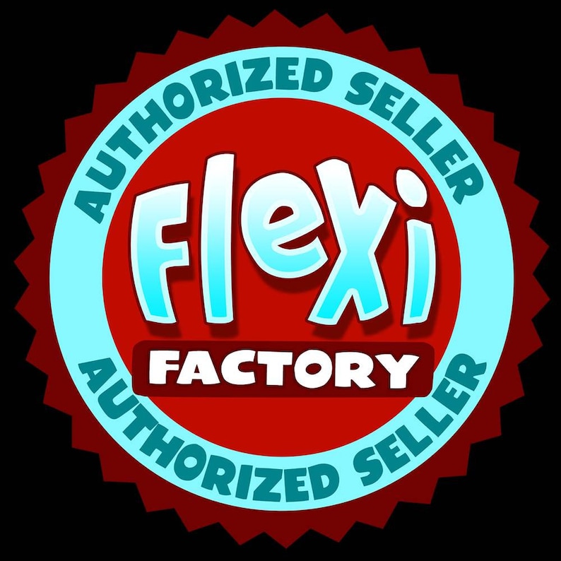 May include: A round red and blue badge with the words "AUTHORIZED SELLER" in a circular pattern. The center features the word "Flexi" in light blue and white, with "FACTORY" below it in white.