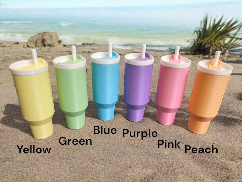 May include: Six pastel-colored tumblers with lids and straws. The colors are yellow, green, blue, purple, pink, and peach.