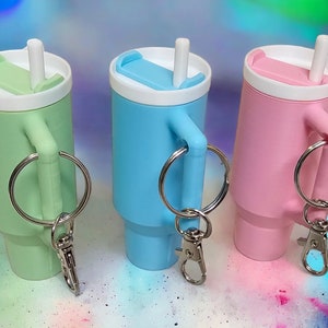 May include: Three keychain-sized plastic cups with lids and straws. The cups are green, blue, and pink. Each cup has a silver ring attached to a silver carabiner.