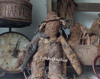 Primitif précoce ~ épouvantail bonhomme en pain d'épice et corbeau ~ tutoriel MOTIF ~ téléchargement immédiat ~ art folklorique terne grungy récolte automne fait main