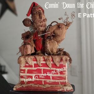 Primitive ~SanTa & Rudolph Comin&#39; Down The Chimney E Pattern ~Instant Download~Folk Art Early Primitive ~ Vintage Christmas Tutorial Pattern