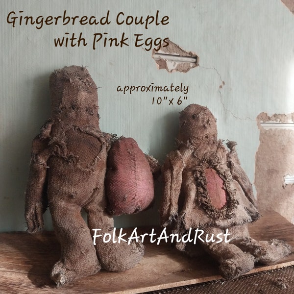 Primitive Easter ~ GINGERBREAD COUPLE with Pink Eggs ~ Bowl Fillers Spring Display~ Early Browns Folk Art Handmade Vintage Farmhouse