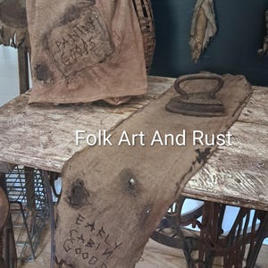 Primitive Early Goods handstitched table runner ~ Hang on chairs ladders baskets ~ Autumn Fall Goods Early Simple Cabin Folk Art