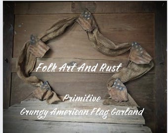 Zelfstudie DIY-patroon ~ Grungy Amerikaanse vlagslinger ~ Instant Download ~ vroege goederen antieke saaie vintage volkskunst handgemaakt land