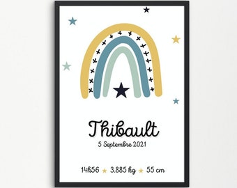 Affiche naissance personnalisée arc-en-ciel avec prénom, affiche chambre bébé, cadeau bébé