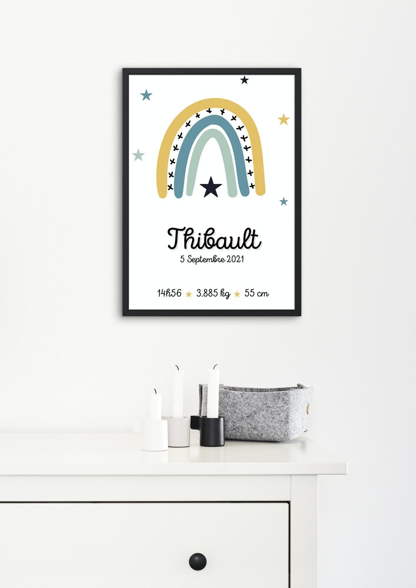 Affiche Naissance Personnalisée Arc-En-Ciel avec Prénom, Affiche Chambre Bébé, Cadeau Bébé