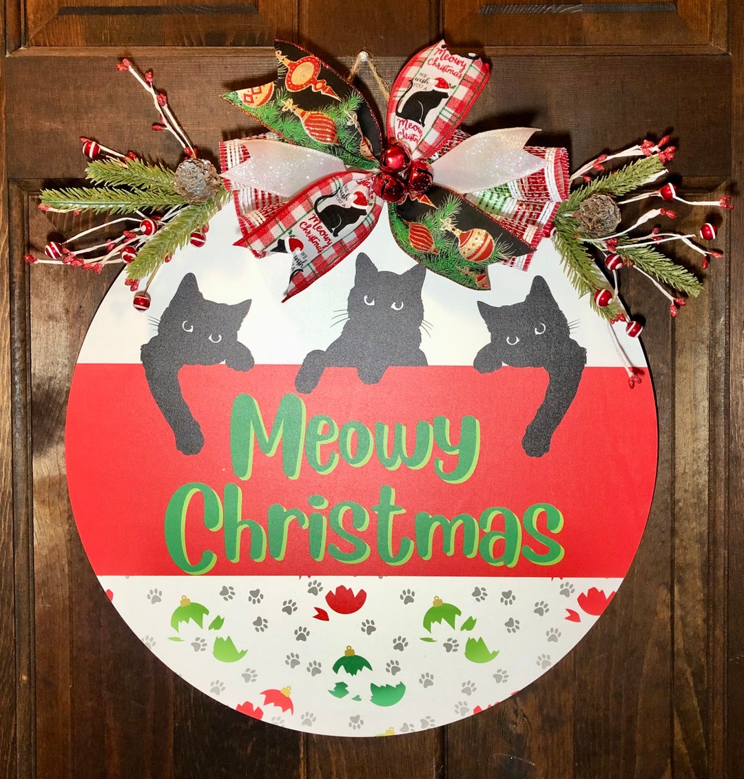 Meowy Christmas Door Hanger, Cat Hanger, Black Cat Door Hanger, Holiday