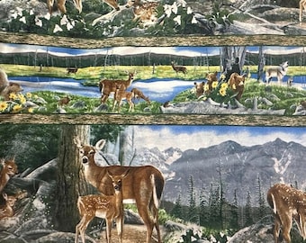 Vintage Hirschdruckstoff - Naturszene mit Hirsch und Wald BTHY