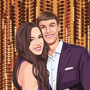 Couple Cartoon Portrait, Young Woman and Man standing on a senior prom, they are hugging each other on the photo. Custom Cartoon Family gift. The background is special goldish and bronze shade. Cute Couple Portrait Gift.