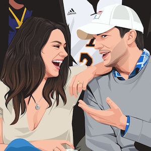 Mila Kunis and Ashton Kutcher Custom Cartoon Portrait while they are sitting at a basketball game. Mila Kunis is resting her arms on Ashton Kutcher shoulder while she is laughing on one of his jokes. The Portrait is made in custom cartoon style.