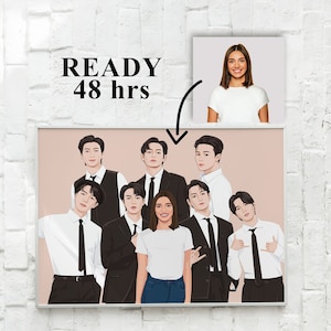Aangepast portretcadeau met je favoriete KPop-band, gepersonaliseerde cartoonillustratie, kerstcadeau voor haar, cadeau KPop-liefhebbers