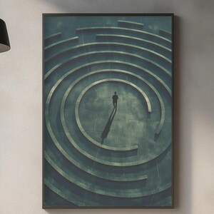 May include: Framed art print depicting a person walking through a circular maze. The artwork features a monochromatic color scheme with shades of teal and gray, creating a sense of depth and mystery. The person's shadow is cast long.