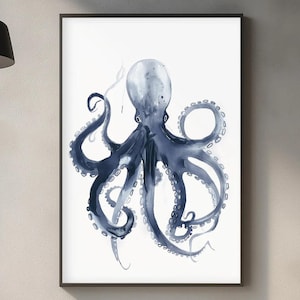 Minimalist Octopus Wall Art Print, Navy Watercolor Ocean Poster, Japanese Ink Style Nautical Decor, Modern Coastal Bathroom Artwork