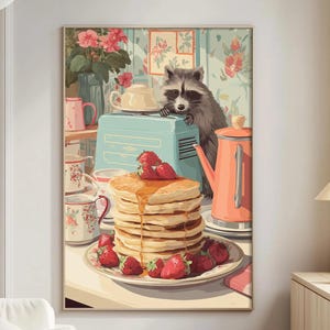 Funny Raccoon Pancake Wall Art Print, Retro Breakfast Kitchen Poster, Vintage Kitsch Food Illustration, Mid Century Kitchen Decor