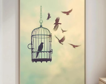 Freedom Mindset Minimalist Bird Print, Open Cage Wall Art, Fear of Freedom Concept Poster, Mental Health Decor, Clean Pastel Artwork