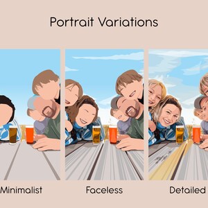 May include: Three different styles of a digital illustration of a group of people, with a blue sky and clouds in the background. The first image is minimalist, with only outlines of the people and their features. The second image is faceless, with the people's faces obscured. The third image is detailed, with the people's faces and features clearly visible. The text below each image reads "Minimalist", "Faceless", and "Detailed".