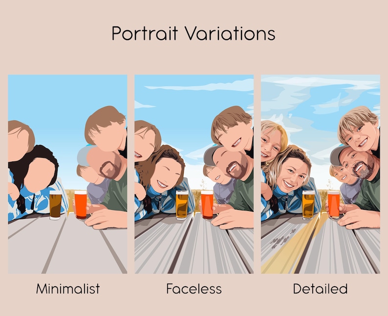 May include: Three different styles of a digital illustration of a group of people, with a blue sky and clouds in the background. The first image is minimalist, with only outlines of the people and their features. The second image is faceless, with the people's faces obscured. The third image is detailed, with the people's faces and features clearly visible. The text below each image reads "Minimalist", "Faceless", and "Detailed".