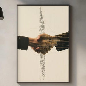 May include: Framed art print depicting a handshake, symbolizing agreement or partnership. The image features two hands clasped together, with one hand rendered in a pixelated, digital style. The background is a neutral beige, and the frame is dark.