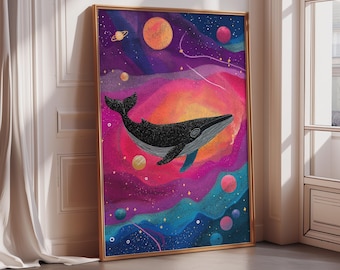 Cosmic Whale Wall Art Print, Space Galaxy Whale Poster, Funky Oil Pastel Celestial Art, Whimsical Universe Decor, Kids Room Space Wall Art