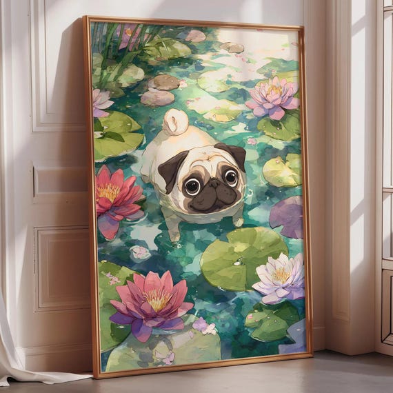 Pug Watercolor Wall Art - Whimsical Pug Among Water Lilies, Floral Dog Print