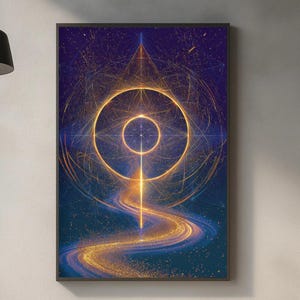 May include: A rectangular wall art print featuring a deep blue background with a glowing golden geometric design. The composition includes a central circular motif with radiating lines and a bright, flowing golden path extending from the bottom.