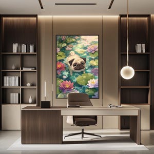 a modern office space with a large painting of a pug dog swimming in a pond as the focal point. The office has a wooden desk, a comfortable chair, and a bookshelf filled with books. The overall design and decor create a serene and inviting atmosphere.