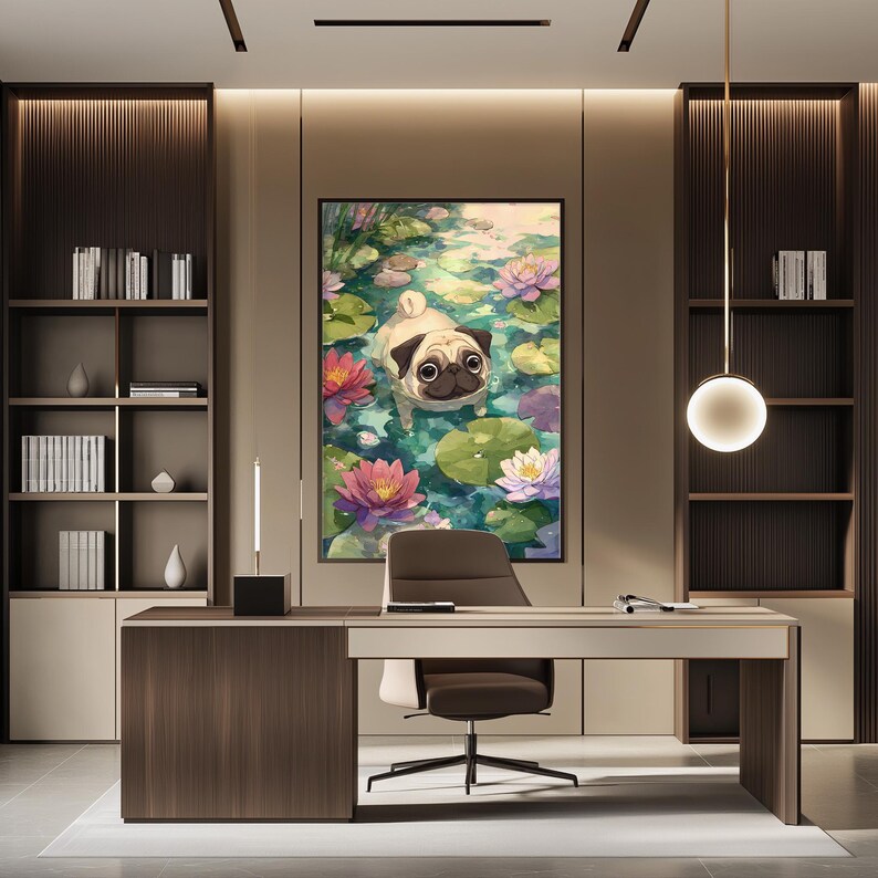 a modern office space with a large painting of a pug dog swimming in a pond as the focal point. The office has a wooden desk, a comfortable chair, and a bookshelf filled with books. The overall design and decor create a serene and inviting atmosphere.