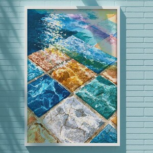 May include: A framed abstract art print featuring a mosaic of colorful diamond-shaped tiles. The artwork showcases a blend of blues, oranges, and greens, with a textured, watercolor-like effect. The top portion depicts a wave-like pattern.