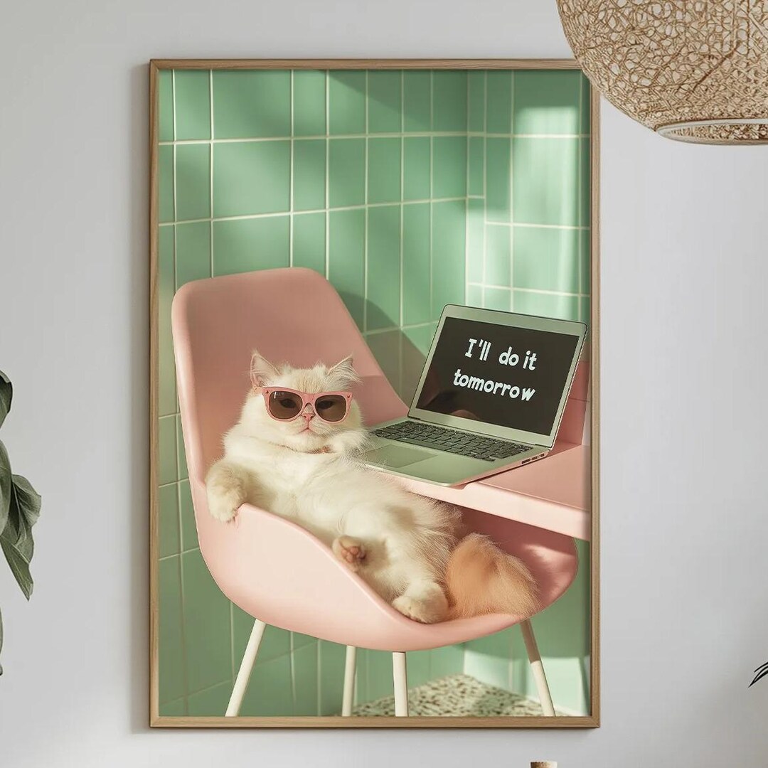 Funny Grumpy Cat Office Wall Art Print, Procrastination Cat Poster ...