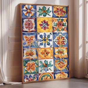 Mexican Tile Pattern Wall Art Print, Colorful Talavera Style Poster, Boho Kitchen Decor, Folk Art Pattern Artwork, Vibrant Cultural Design