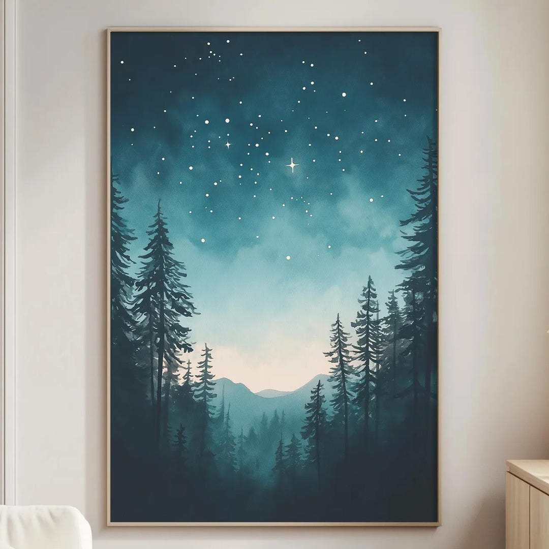 Starry Forest Wall Art Print – Scandinavian Night Sky Landscape ...
