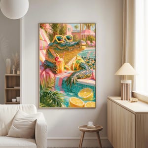 a vibrant and whimsical painting of a crocodile lounging in a tropical pool, surrounded by palm trees and other tropical foliage.