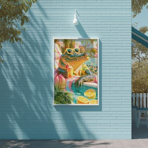 A vibrant and whimsical painting of a crocodile wearing sunglasses and holding a drink, set against a backdrop of tropical foliage and a blue wall.