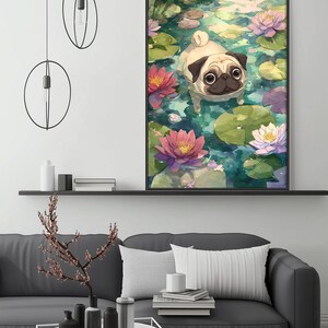 a cozy living room with a gray couch, a coffee table, and a large framed painting of a pug dog swimming in a pond filled with colorful lily pads.