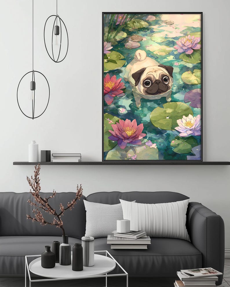 a cozy living room with a gray couch, a coffee table, and a large framed painting of a pug dog swimming in a pond filled with colorful lily pads.