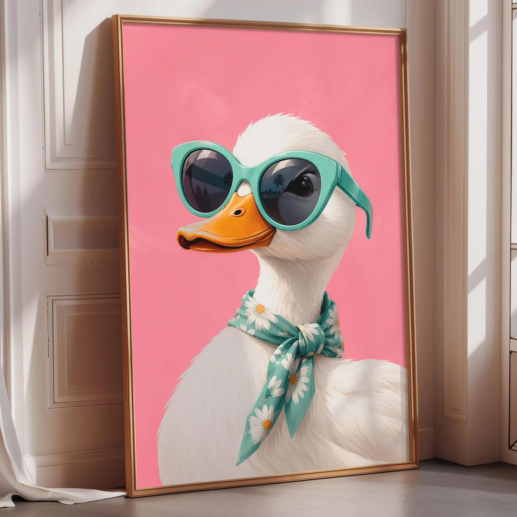 Funny Duck Wall Art Print, Stylish Duck With Sunglasses Poster