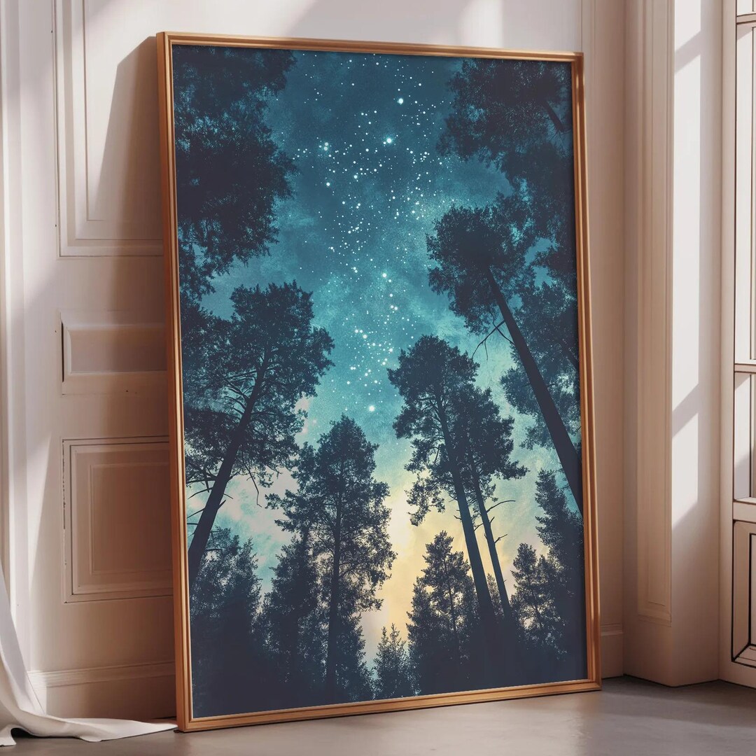 Minimal Starry Forest Wall Art – Scandinavian Night Sky Print, Pine ...