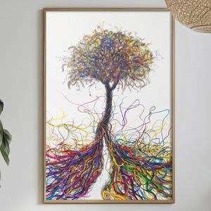 May include: A framed art print of a tree with a brown trunk and a colorful, textured canopy. The roots are depicted as a vibrant array of intertwined lines in red, yellow, blue, and green, against a white background.