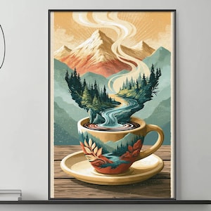 May include: A framed wall art print featuring a coffee cup on a saucer, with a surreal landscape of mountains, a flowing river, and pine trees emerging from the cup. The colour palette includes warm orange, soft teal, and earthy brown tones.