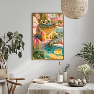 a vibrant and colorful painting of a crocodile sitting in a pool, surrounded by tropical plants and fruits, such as oranges and bananas.